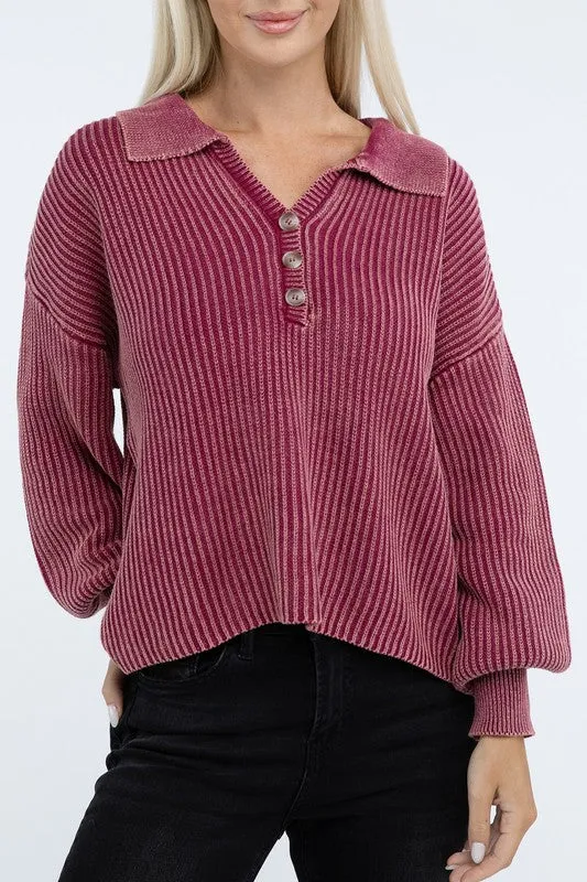 Washed Collared Henley Sweater - Zenana