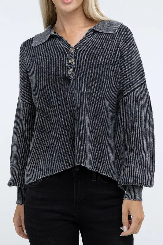 Washed Collared Henley Sweater - Zenana