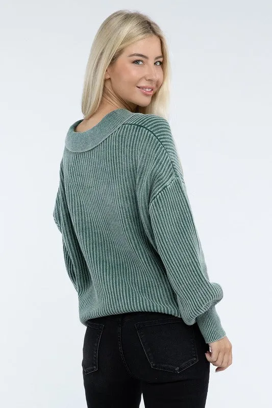 Washed Collared Henley Sweater - Zenana