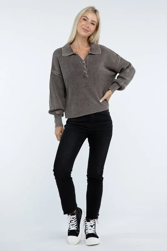 Washed Collared Henley Sweater - Zenana