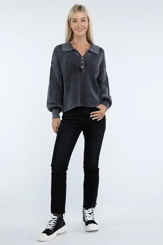Washed Collared Henley Sweater - Zenana