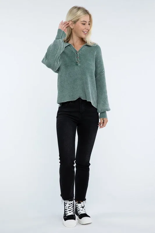 Washed Collared Henley Sweater - Zenana