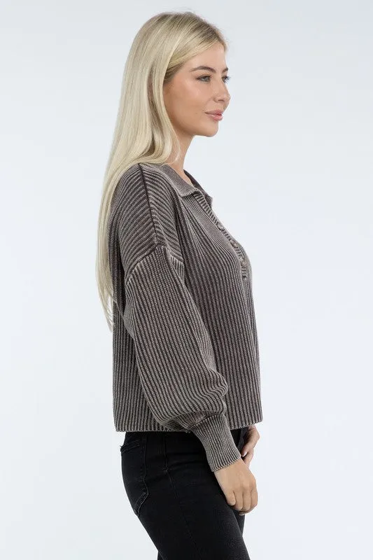 Washed Collared Henley Sweater - Zenana