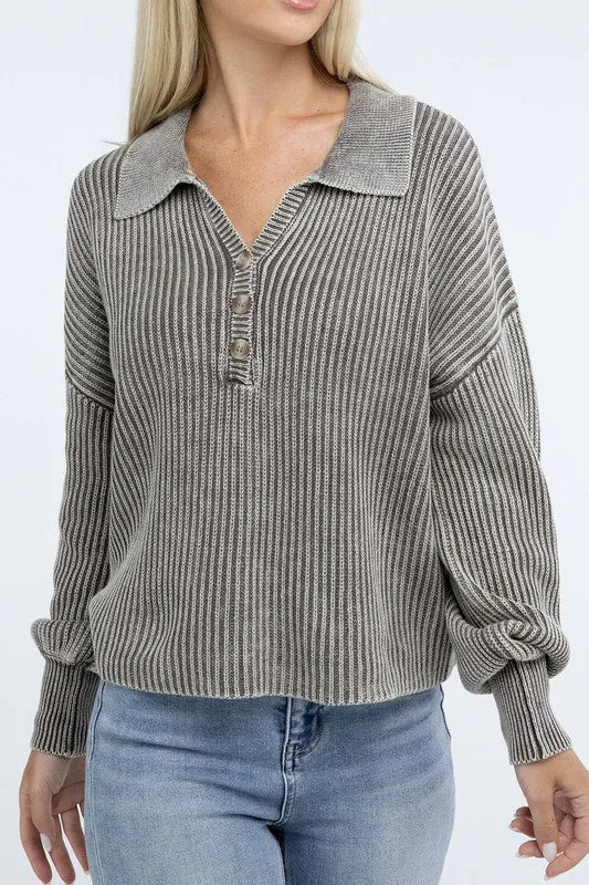 Washed Collared Henley Sweater - Zenana