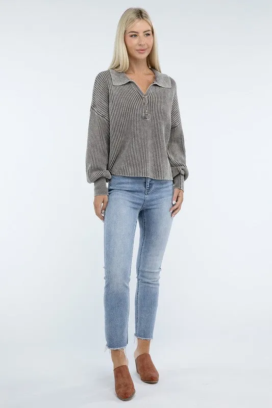 Washed Collared Henley Sweater - Zenana