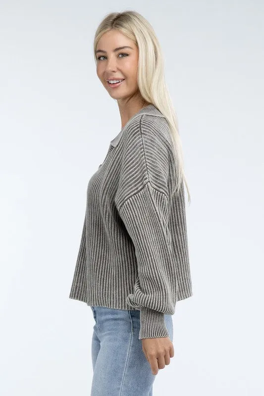 Washed Collared Henley Sweater - Zenana