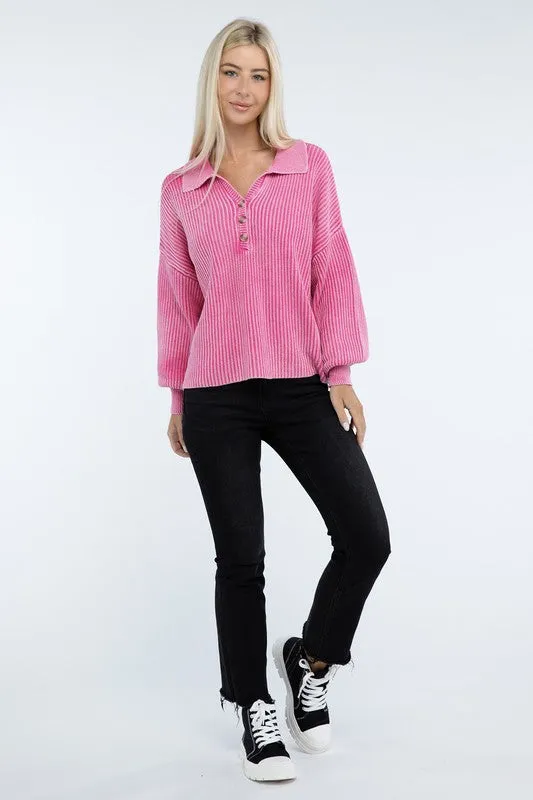 Washed Collared Henley Sweater - Zenana