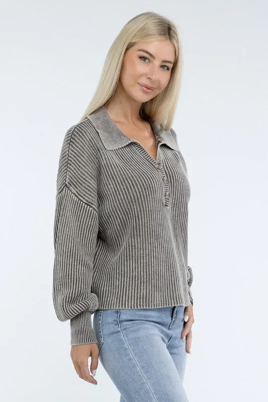 Washed Collared Henley Sweater - Zenana