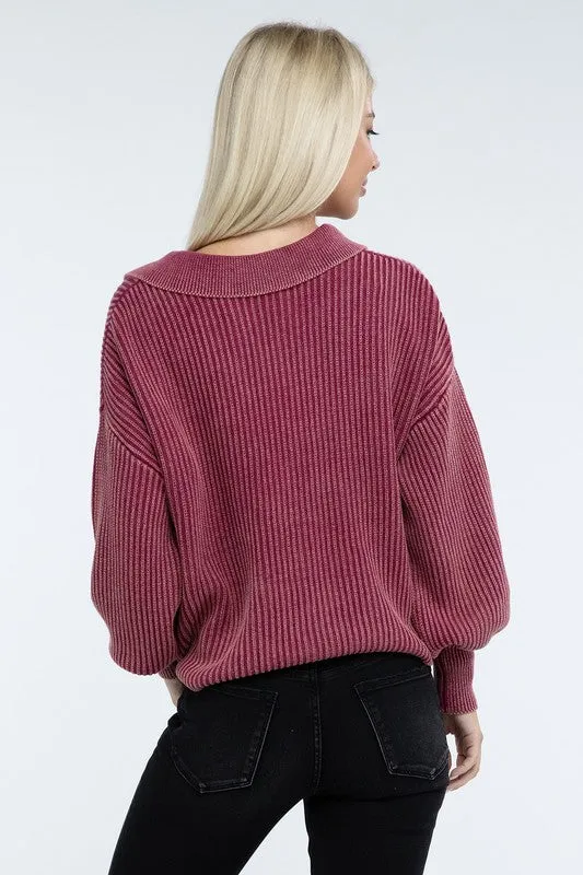 Washed Collared Henley Sweater - Zenana
