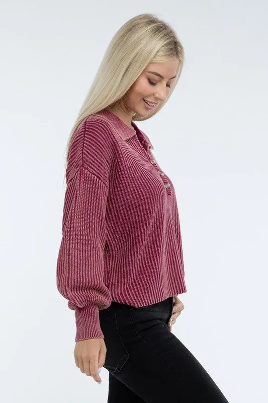 Washed Collared Henley Sweater - Zenana