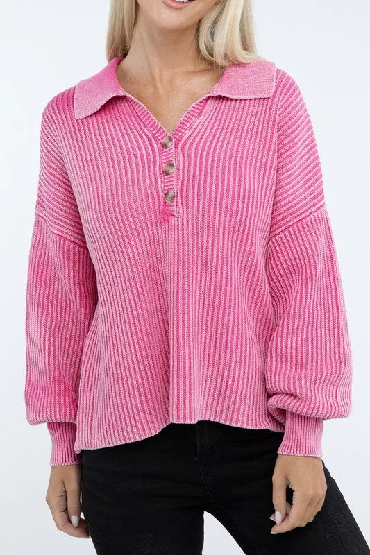 Washed Collared Henley Sweater - Zenana