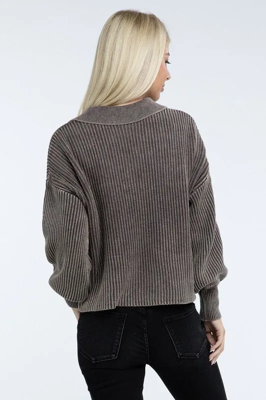 Washed Collared Henley Sweater - Zenana