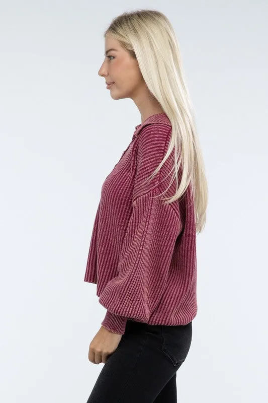 Washed Collared Henley Sweater - Zenana
