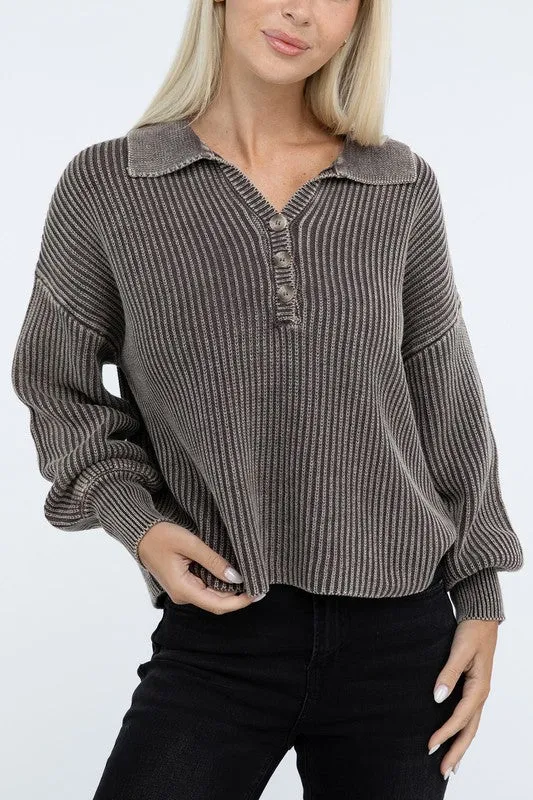 Washed Collared Henley Sweater - Zenana