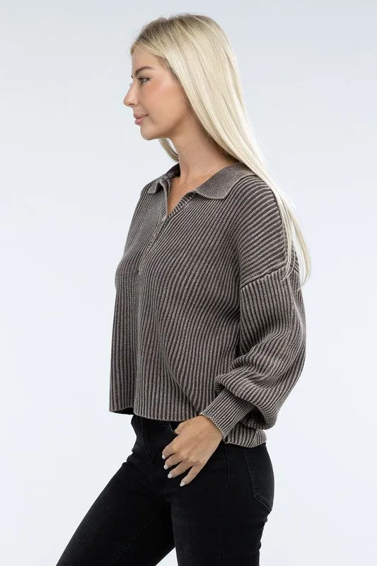 Washed Collared Henley Sweater - Zenana