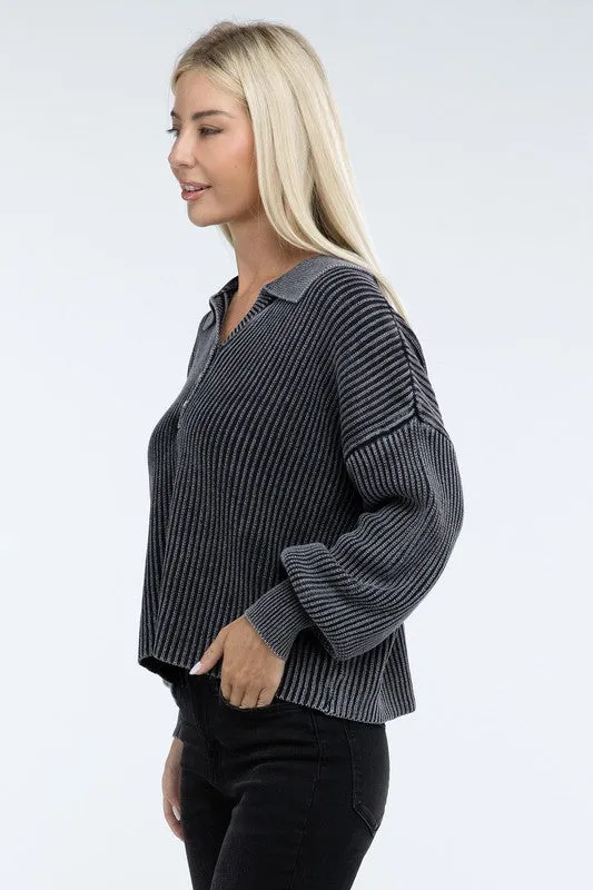 Washed Collared Henley Sweater - Zenana