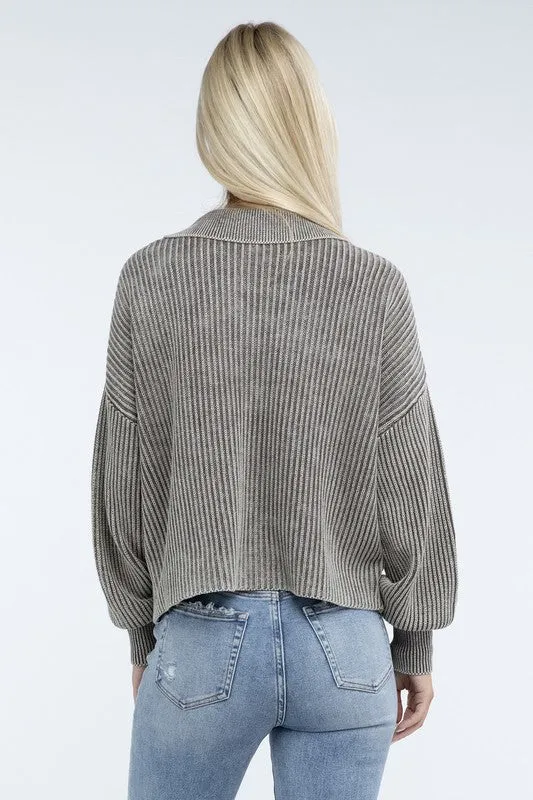 Washed Collared Henley Sweater - Zenana