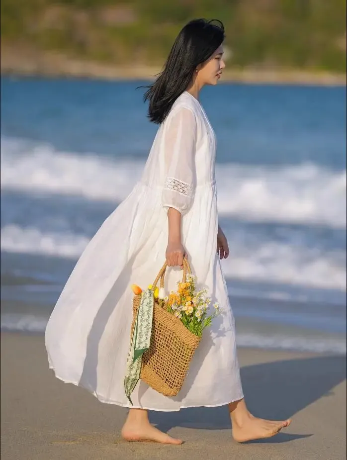 White Linen Maxi Dress for Beach Parties and Events