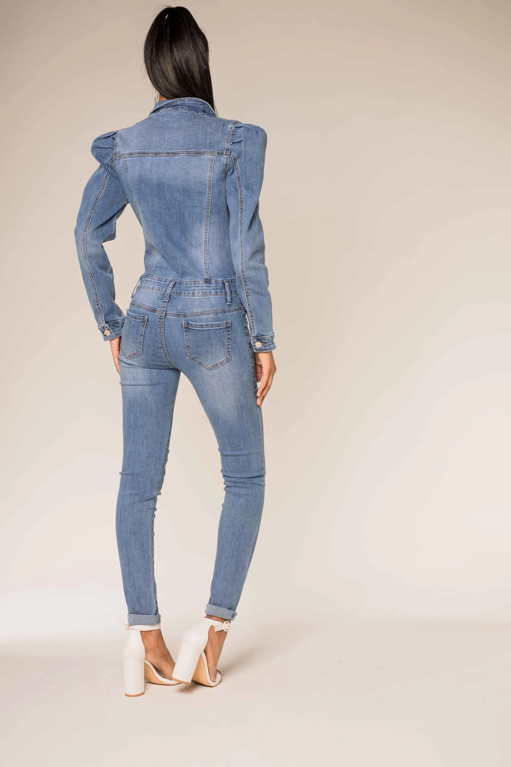 Wholesale Faded Blue Jeans Button Up Jumpsuit with Puff Sleeves