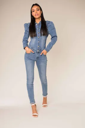 Wholesale Faded Blue Jeans Button Up Jumpsuit with Puff Sleeves
