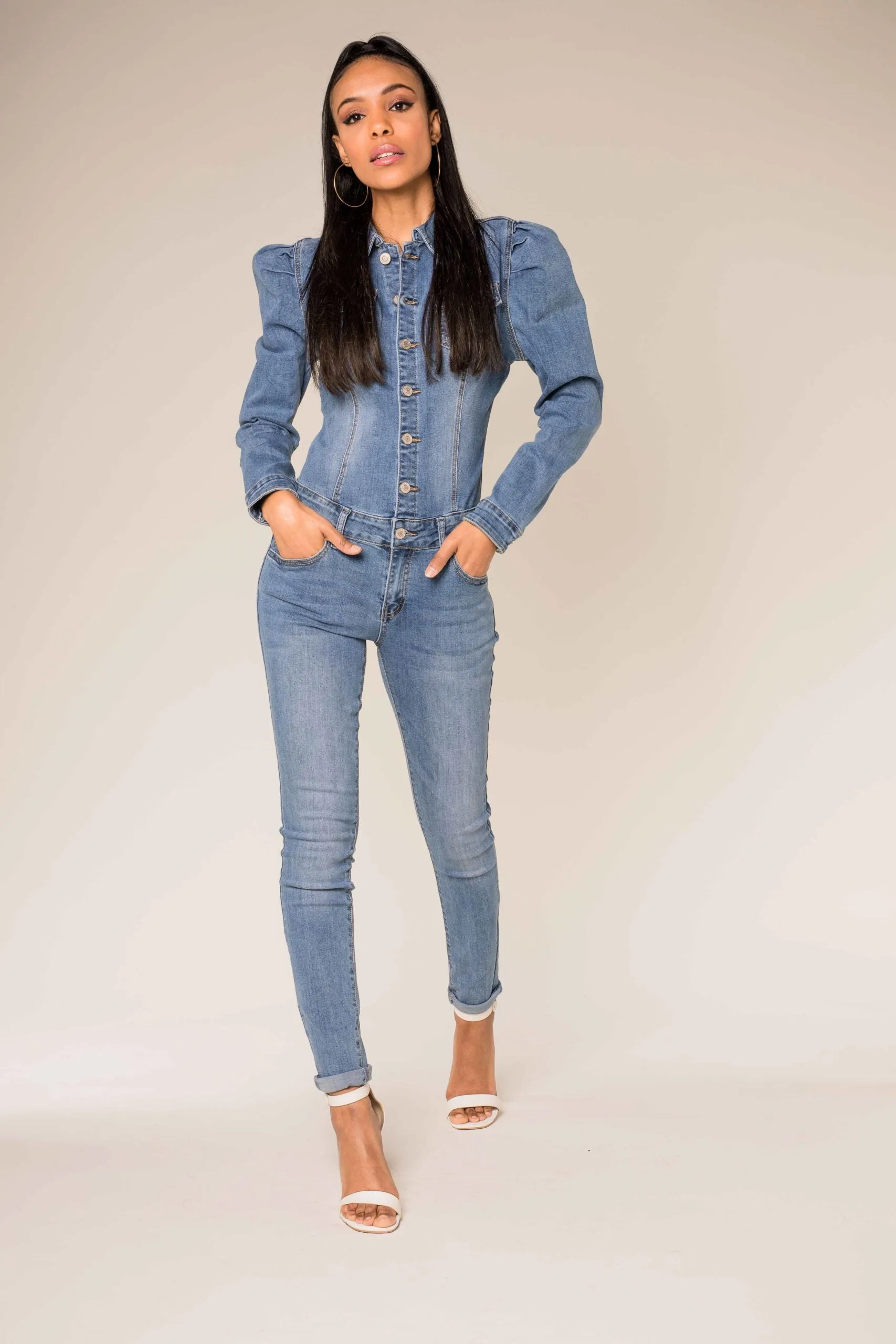 Wholesale Faded Blue Jeans Button Up Jumpsuit with Puff Sleeves