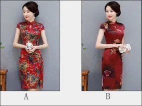 Winnal Knee Length Real Silk Cheongsam Floral Chinese Qipao Dress