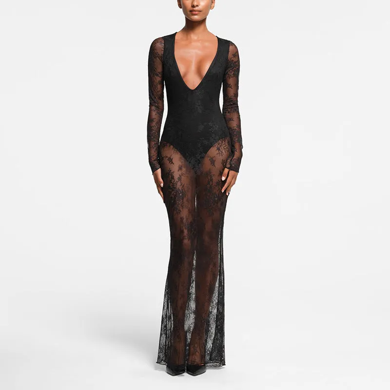 Women Deep V Plunge Lace Stitching Lining Sexy Party Dress