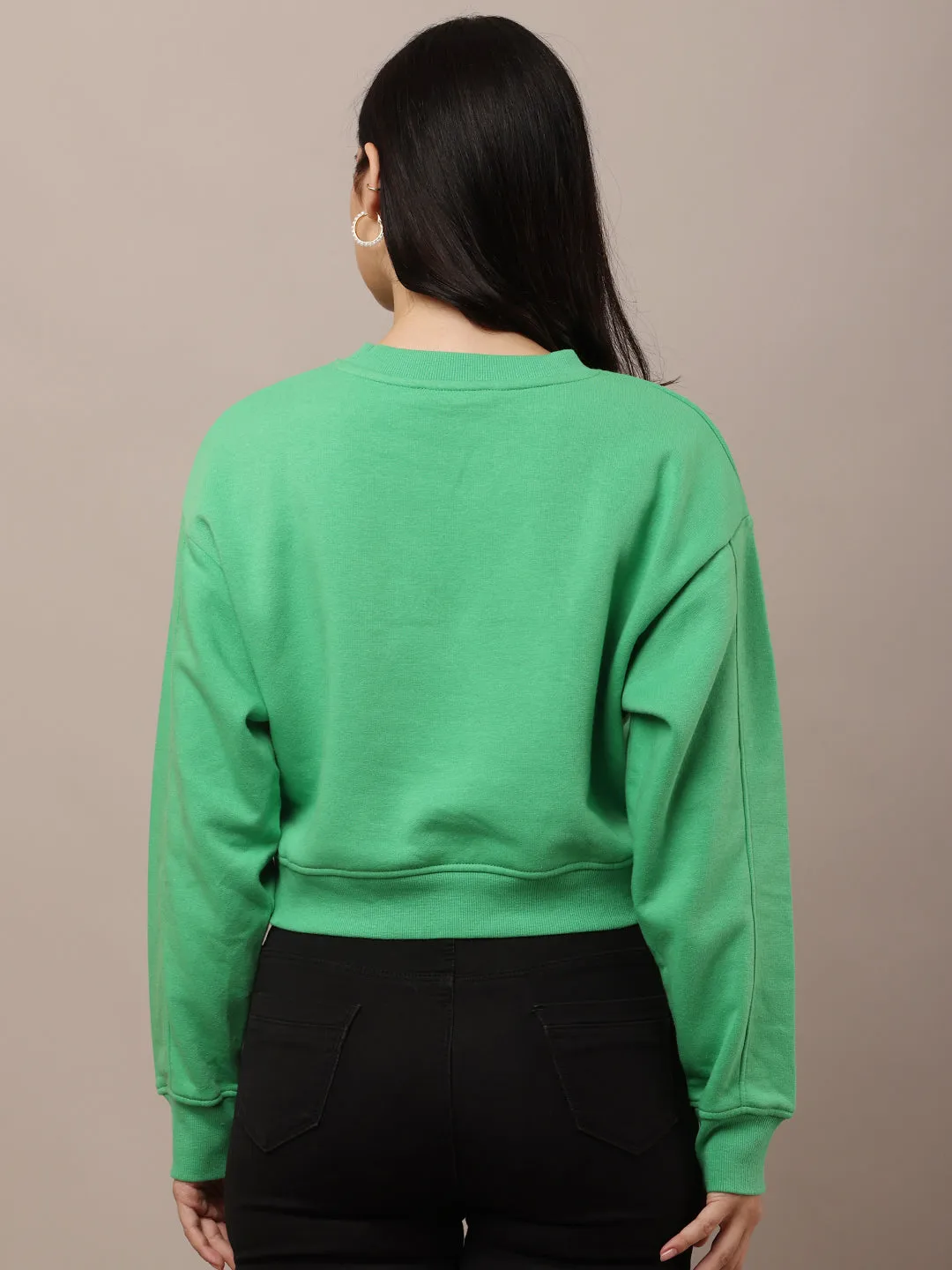 Women Green Neck Crop Sweatshirt