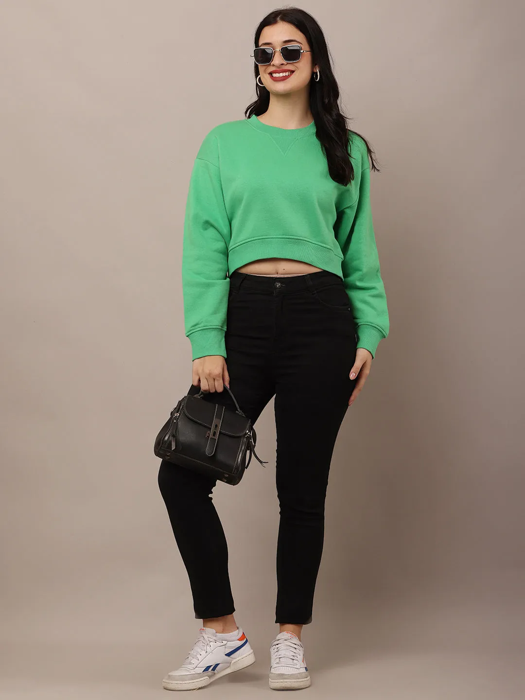 Women Green Neck Crop Sweatshirt