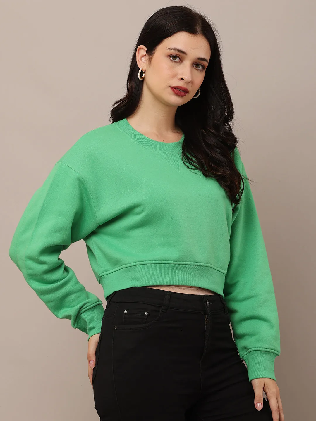Women Green Neck Crop Sweatshirt
