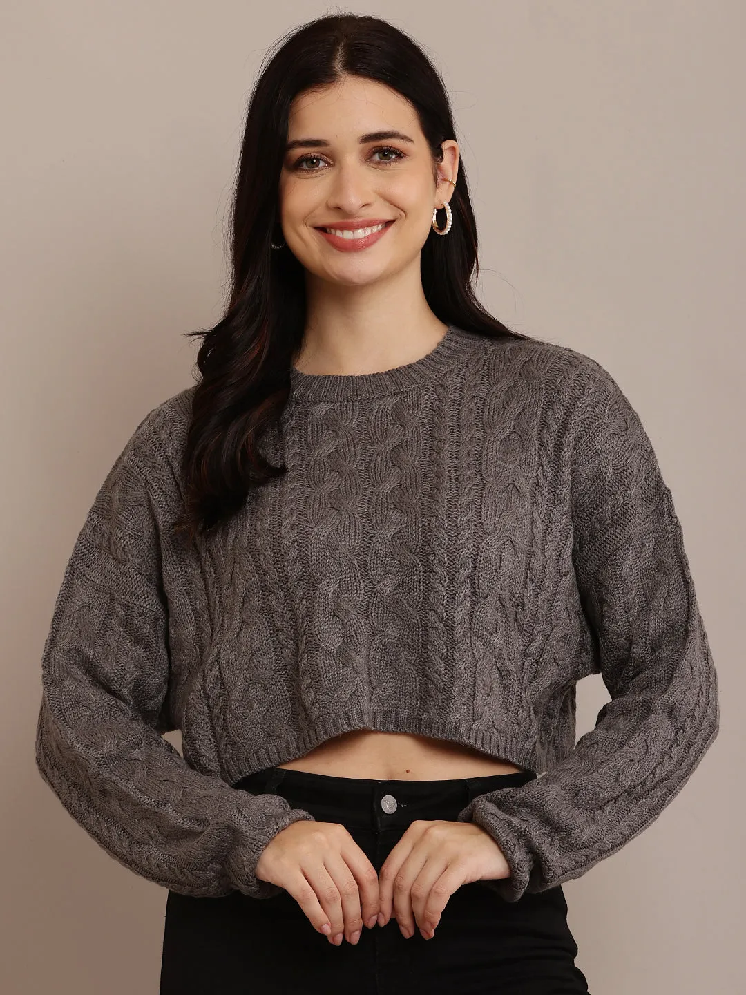 Women Grey Crop Sweater