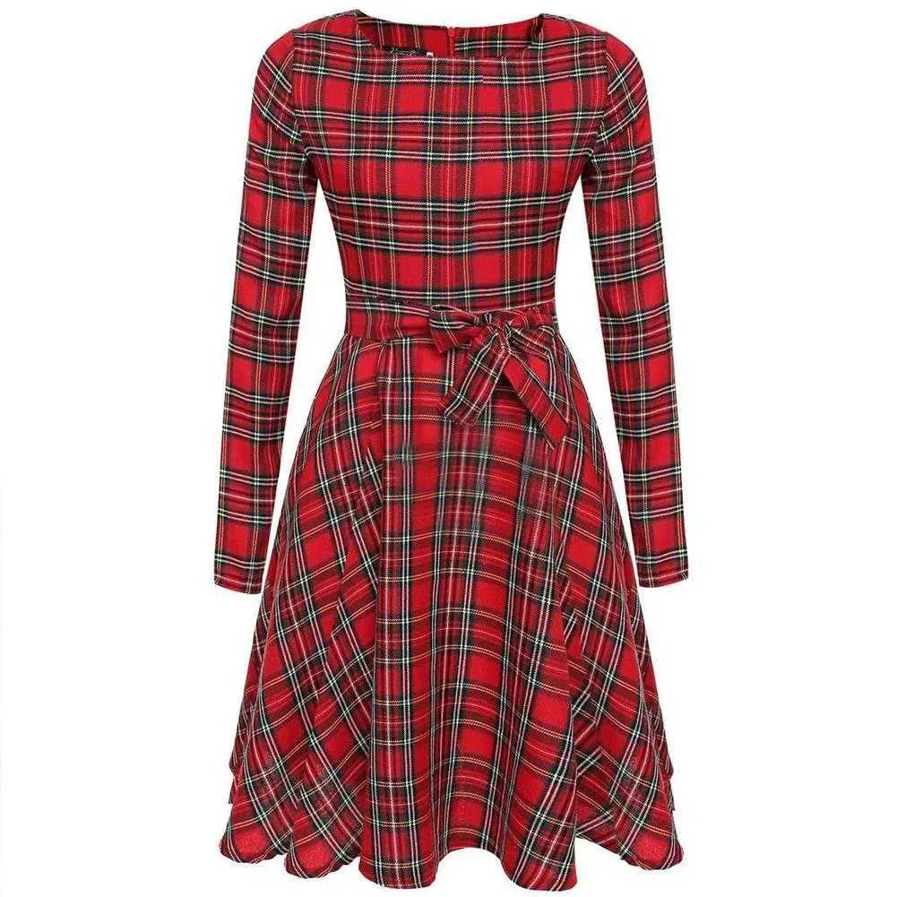 Women Retro Vintage Long Sleeve Plaid Cocktail Evening Party Waist Long Dress