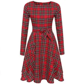 Women Retro Vintage Long Sleeve Plaid Cocktail Evening Party Waist Long Dress