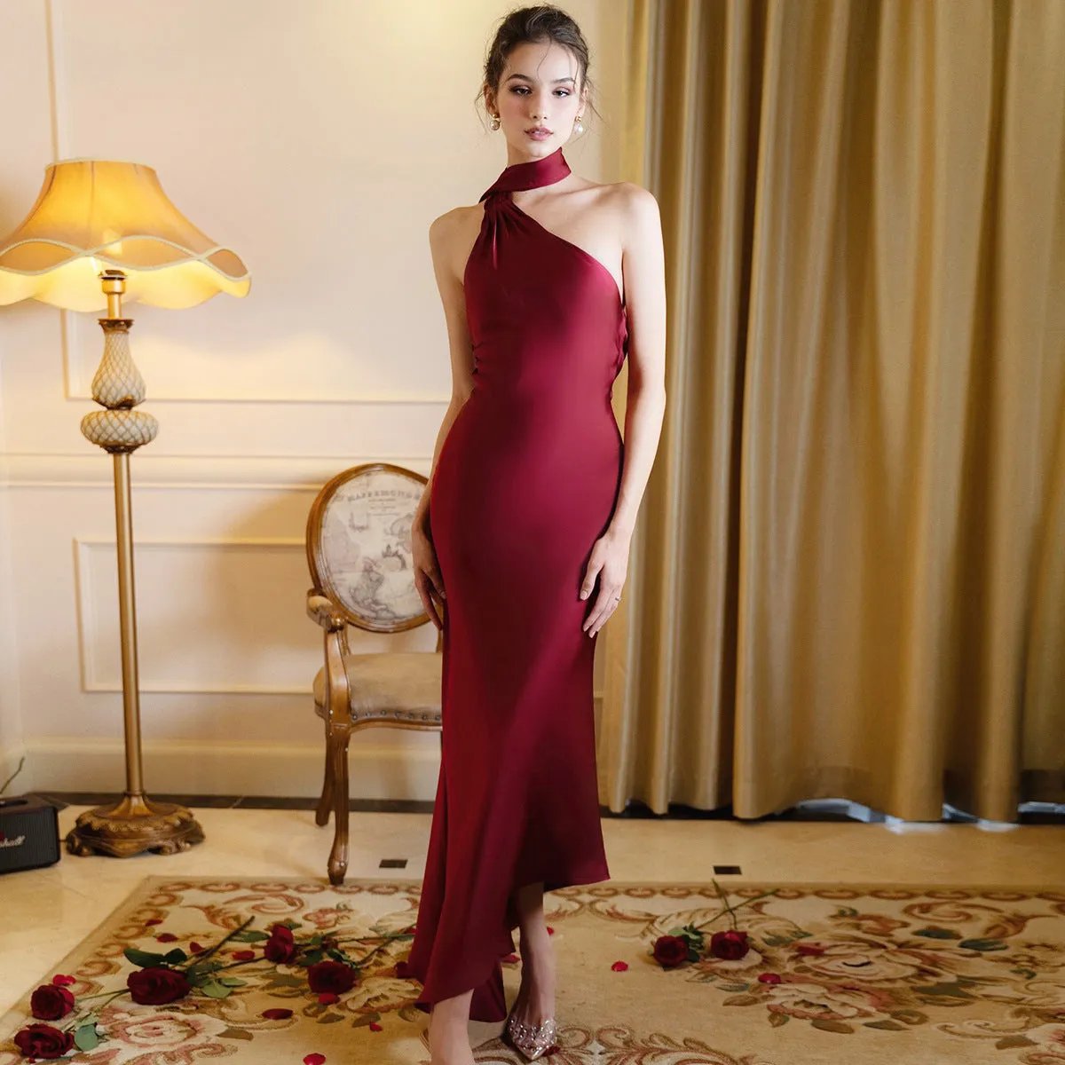 Women Sexy Backless Halter Satin Evening Dress