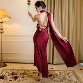 Women Sexy Backless Halter Satin Evening Dress