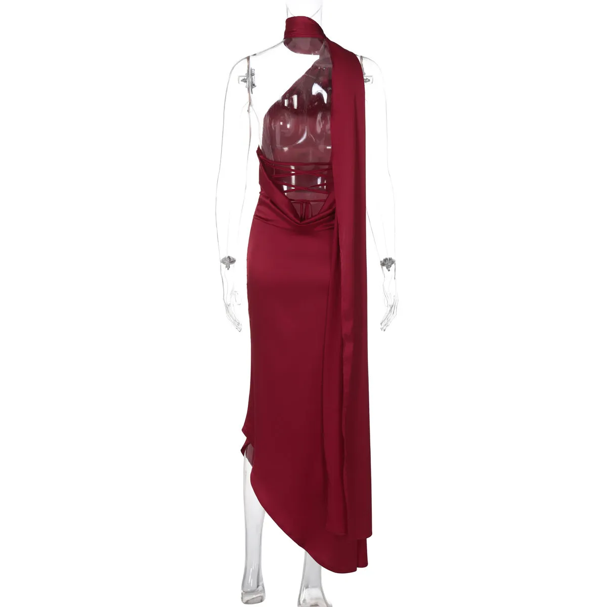 Women Sexy Backless Halter Satin Evening Dress