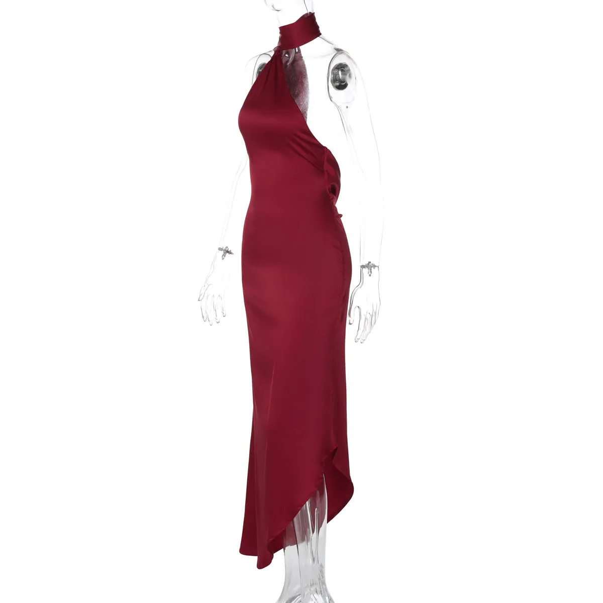 Women Sexy Backless Halter Satin Evening Dress