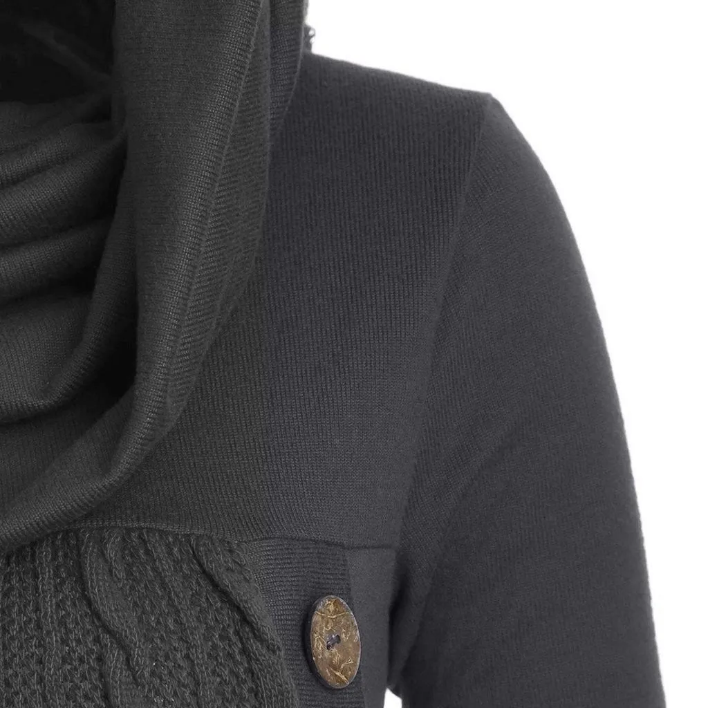 Women turtleneck hoodie cable knit button up sweater
