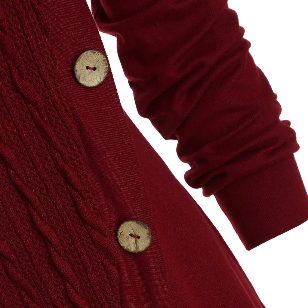 Women turtleneck hoodie cable knit button up sweater