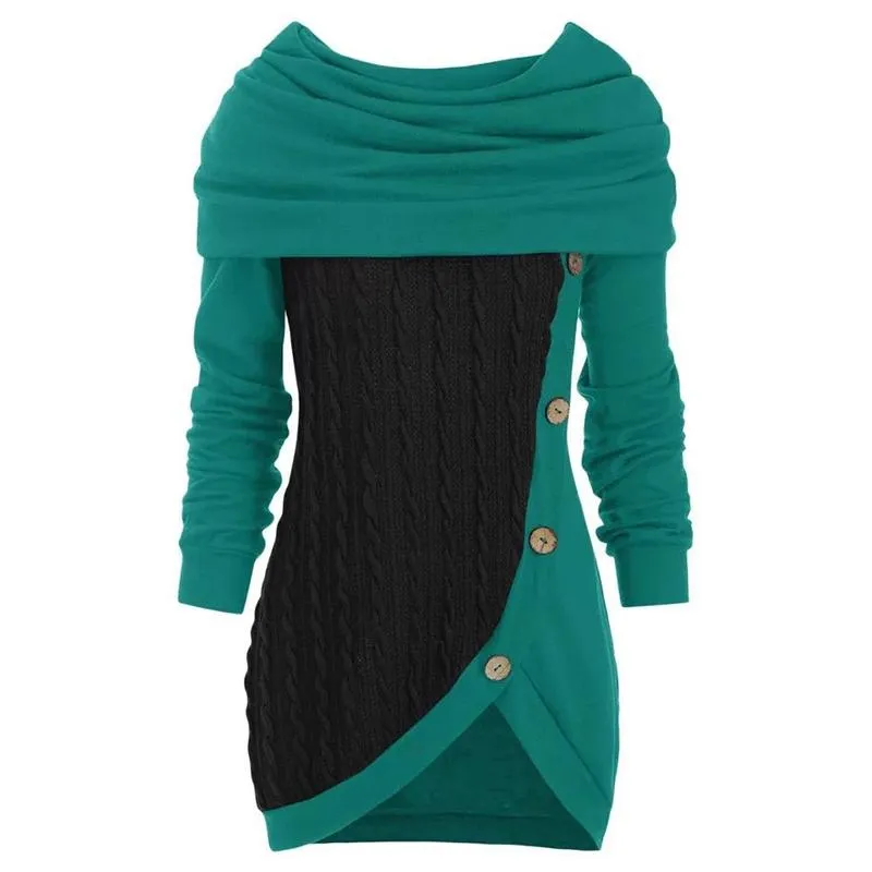 Women turtleneck hoodie cable knit button up sweater