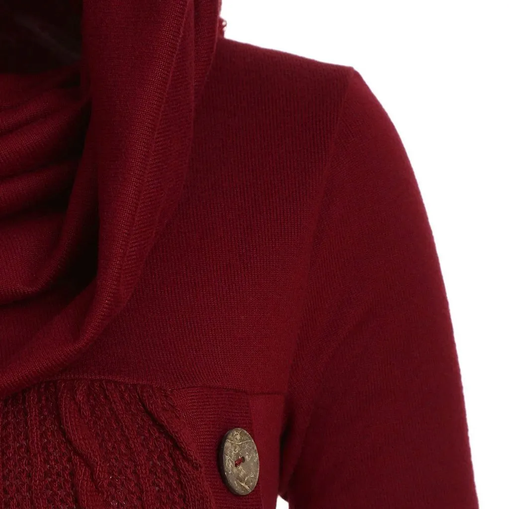 Women turtleneck hoodie cable knit button up sweater