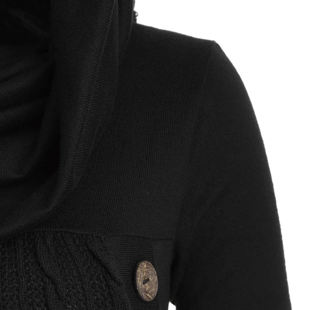 Women turtleneck hoodie cable knit button up sweater