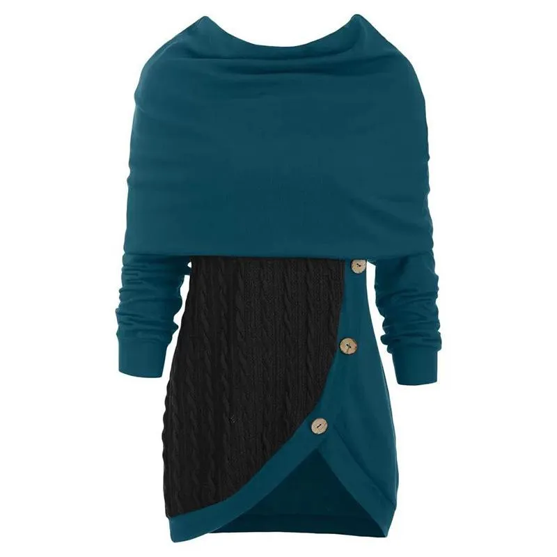 Women turtleneck hoodie cable knit button up sweater