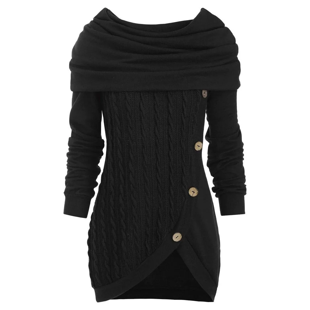 Women turtleneck hoodie cable knit button up sweater