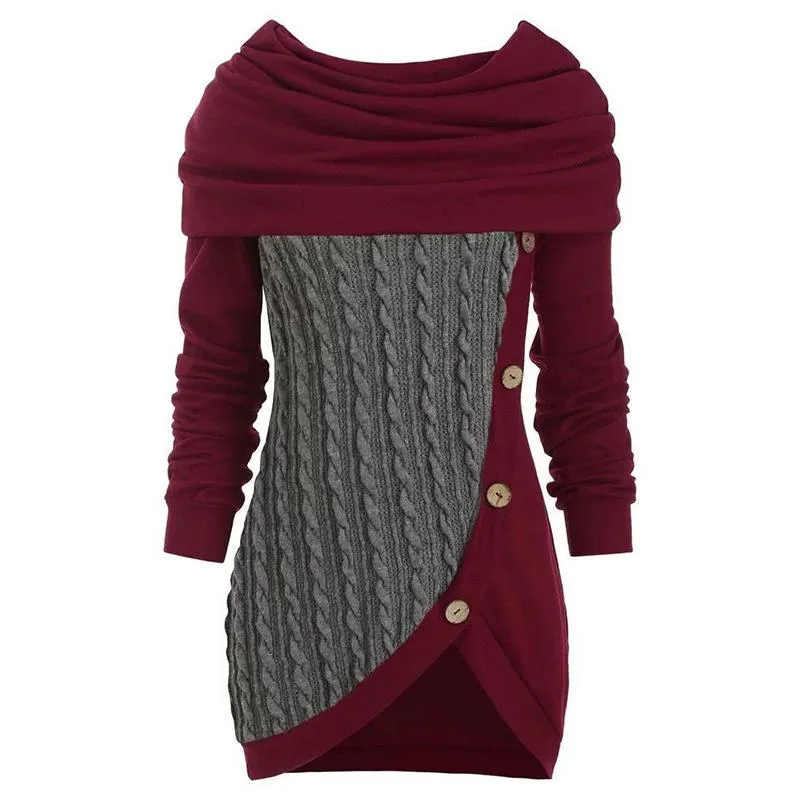 Women turtleneck hoodie cable knit button up sweater