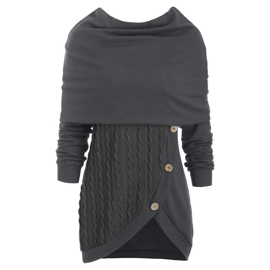 Women turtleneck hoodie cable knit button up sweater