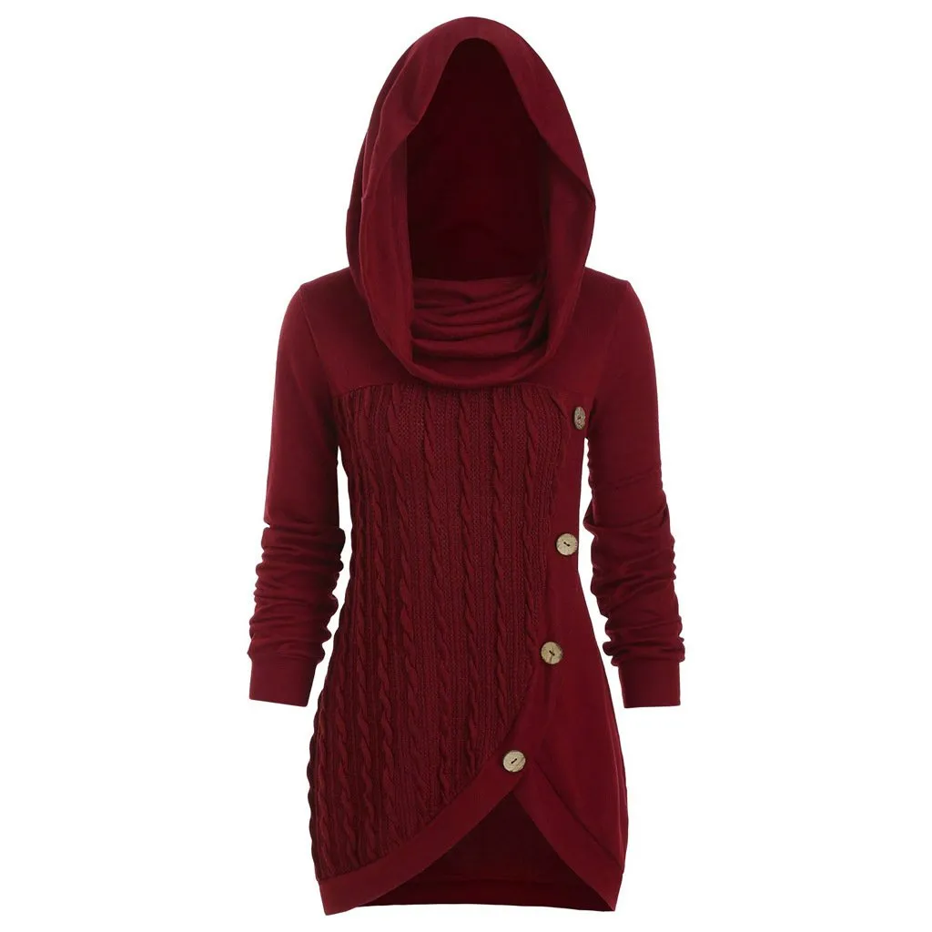 Women turtleneck hoodie cable knit button up sweater