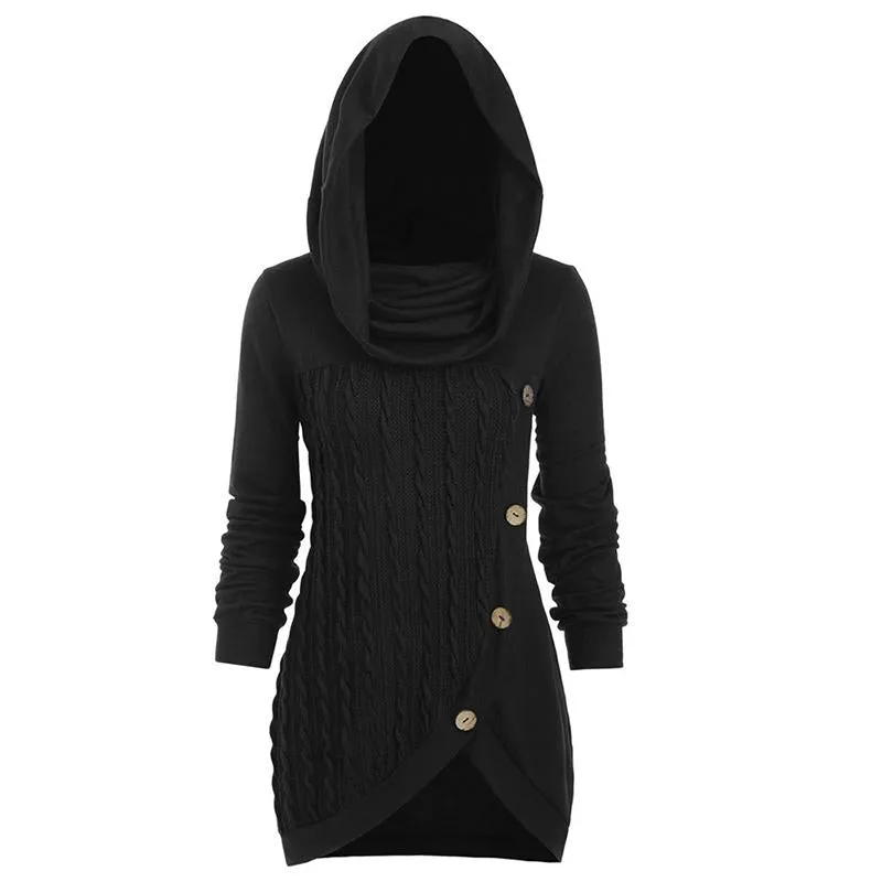 Women turtleneck hoodie cable knit button up sweater