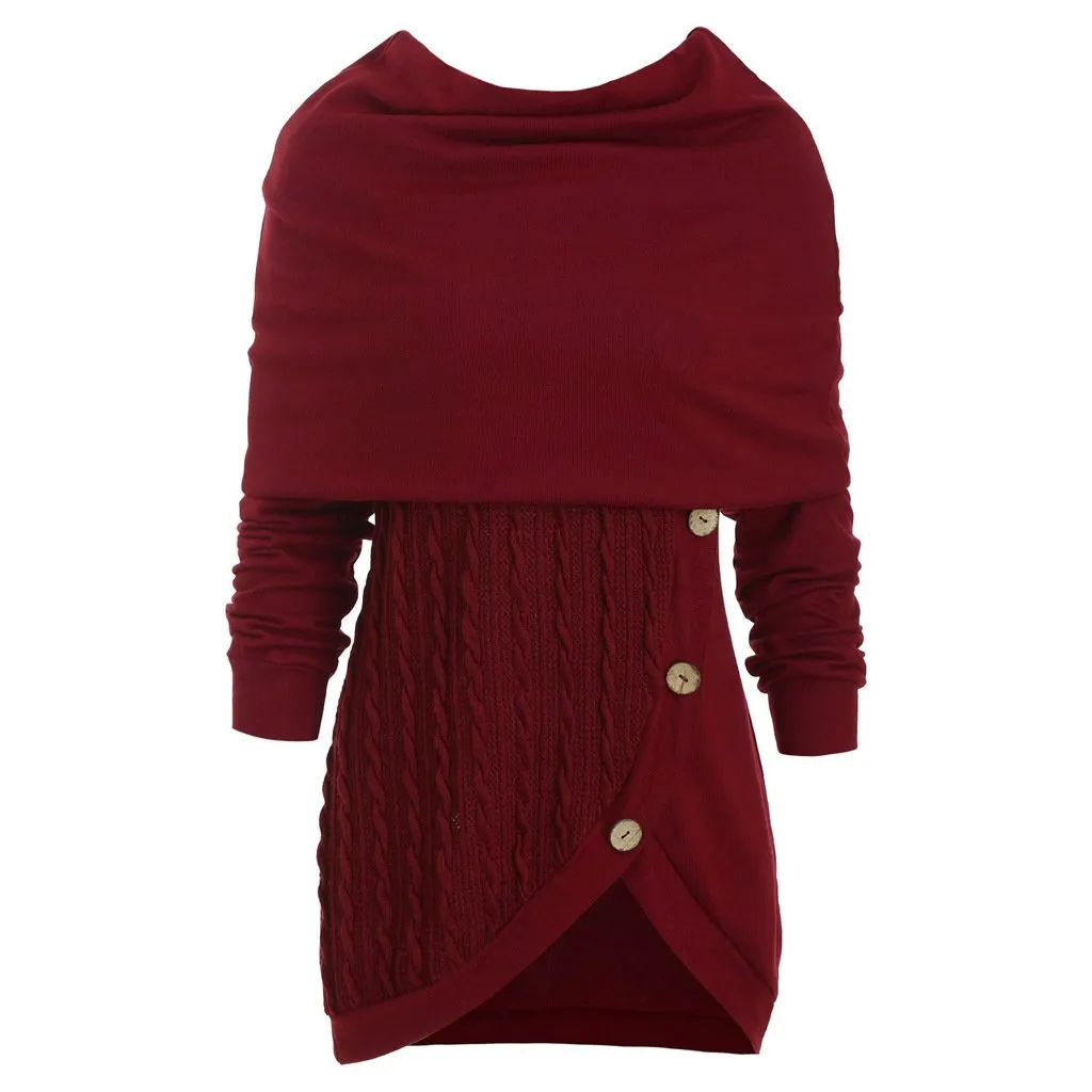 Women turtleneck hoodie cable knit button up sweater
