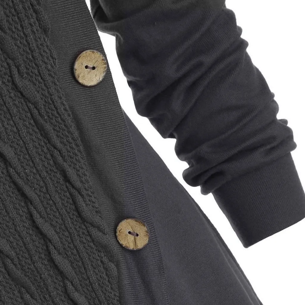 Women turtleneck hoodie cable knit button up sweater
